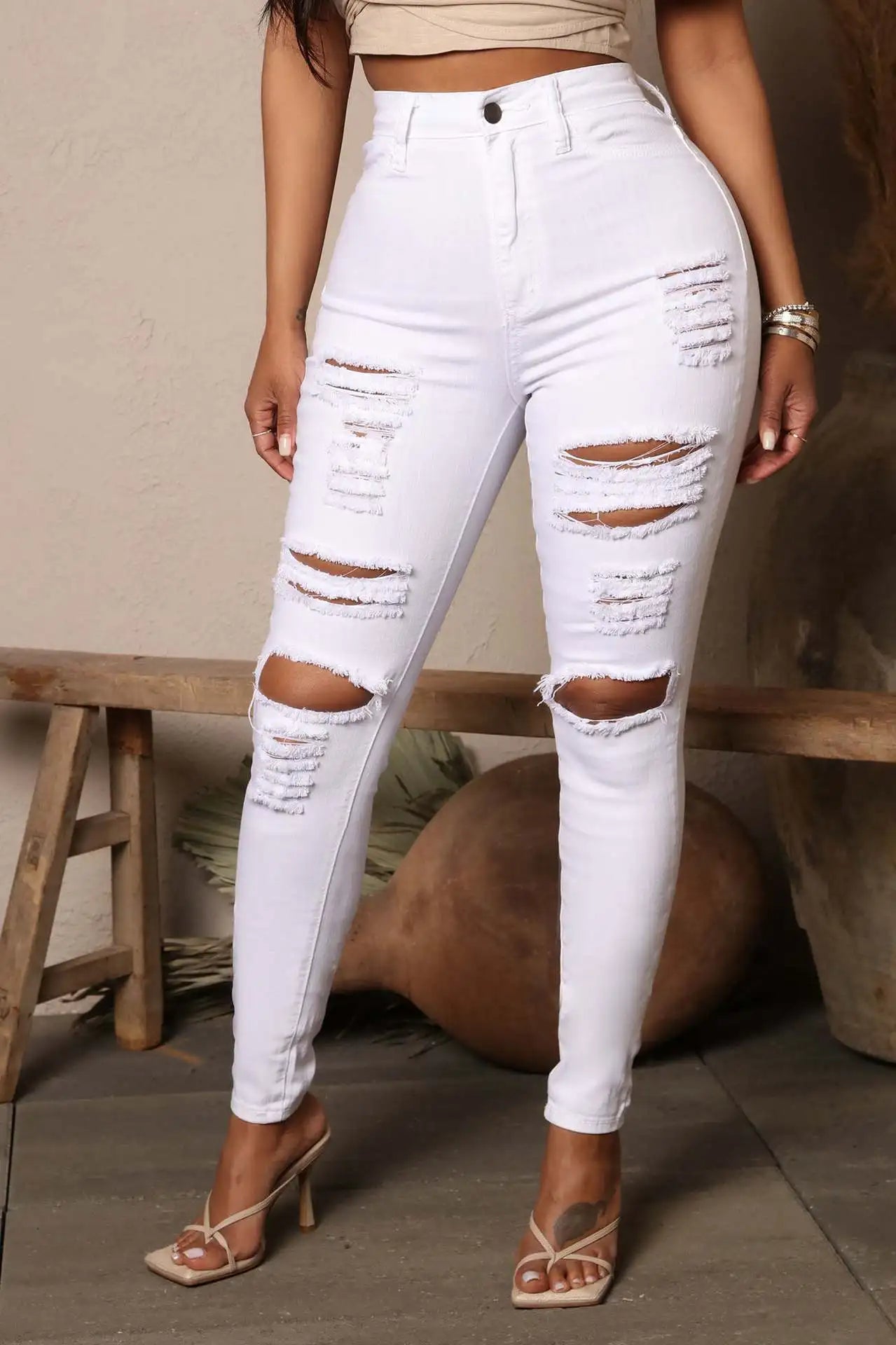 Black Ripped Jeans For Women High Waist Denim Pencil Pants
