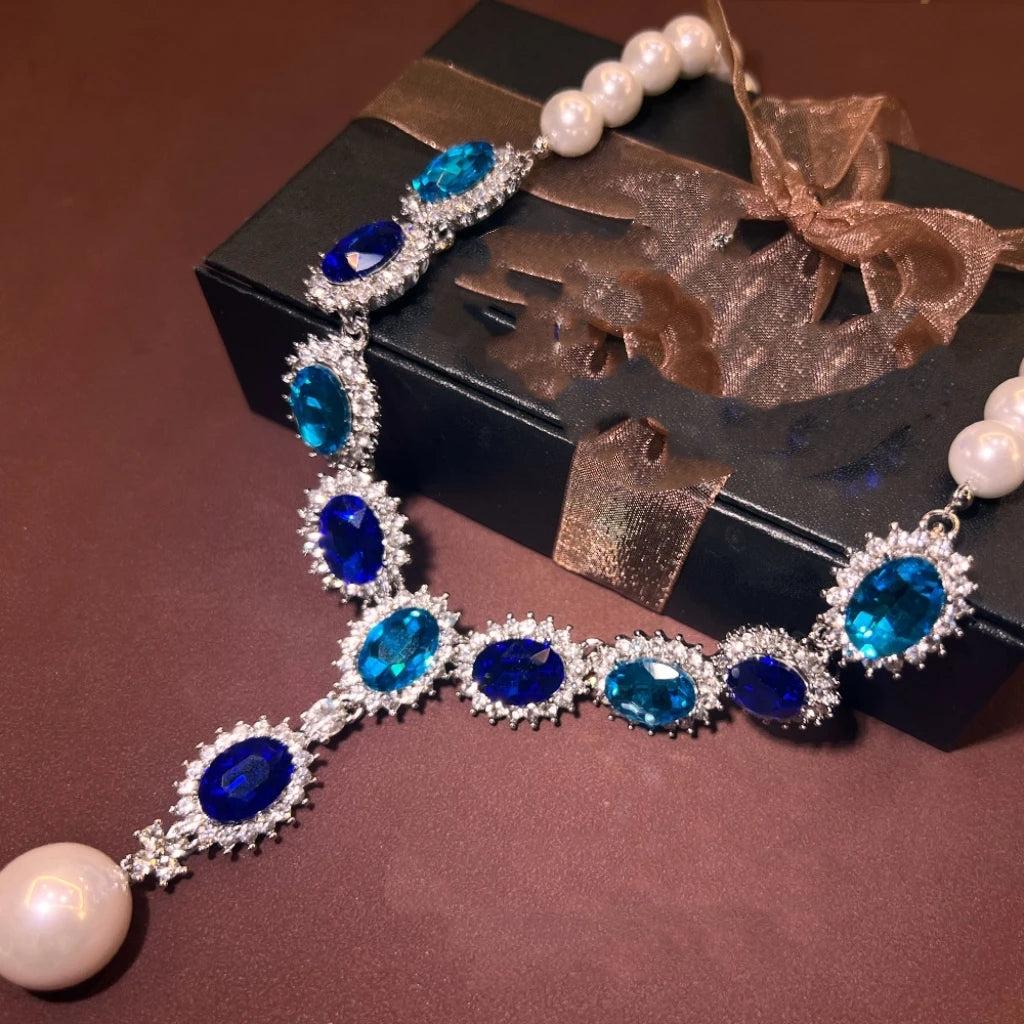 Retro Fashion Pearl Blue Stone Necklace Earrings