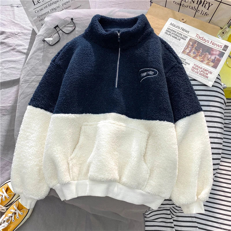 Women Patchwork Hoodies Stand Collar Lambswool Fashion