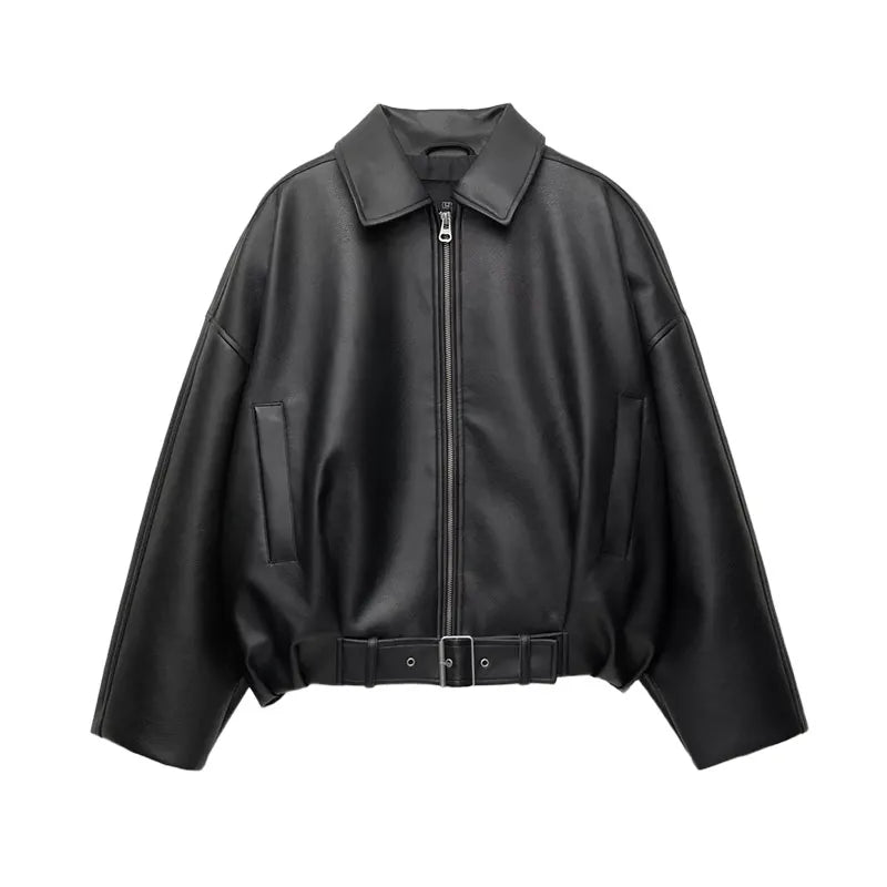 Vintage Leather Bomber Jackets Zipper Lapel Long Sleeve Pocket Coat With Belt