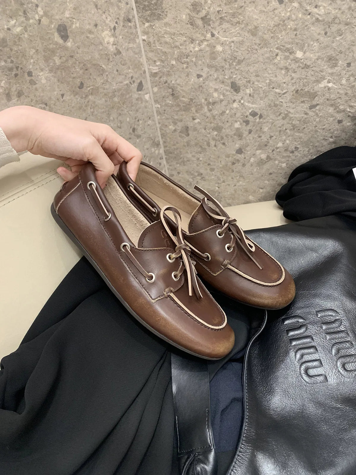 Women's Loafers Shoes Genuine Leather High Quality Round Toe Soft Bottom Flat Shoes