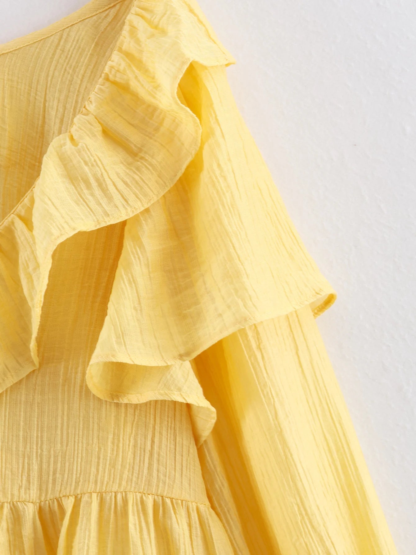 Women's Yellow Blouses Vintage Solid Cascading Ruffle Bow Lace-Up