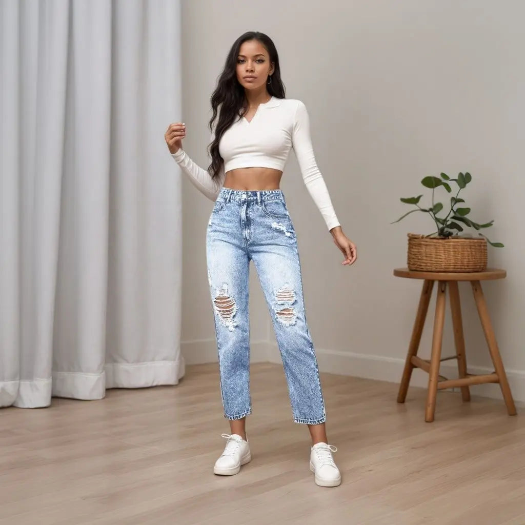 Women's Slim Fit Jeans with Rips Casual Slimming Cone