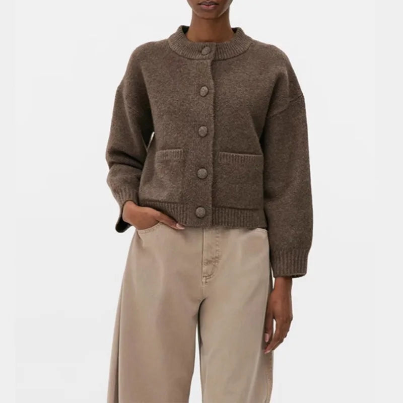 Casual and Comfortable, Single-Breasted, Round Neck, Double Pocket Loose Fit Top