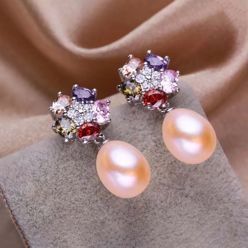 multicolour Zircon Sterling Silver Real Natural Pearl Earrings For Women's