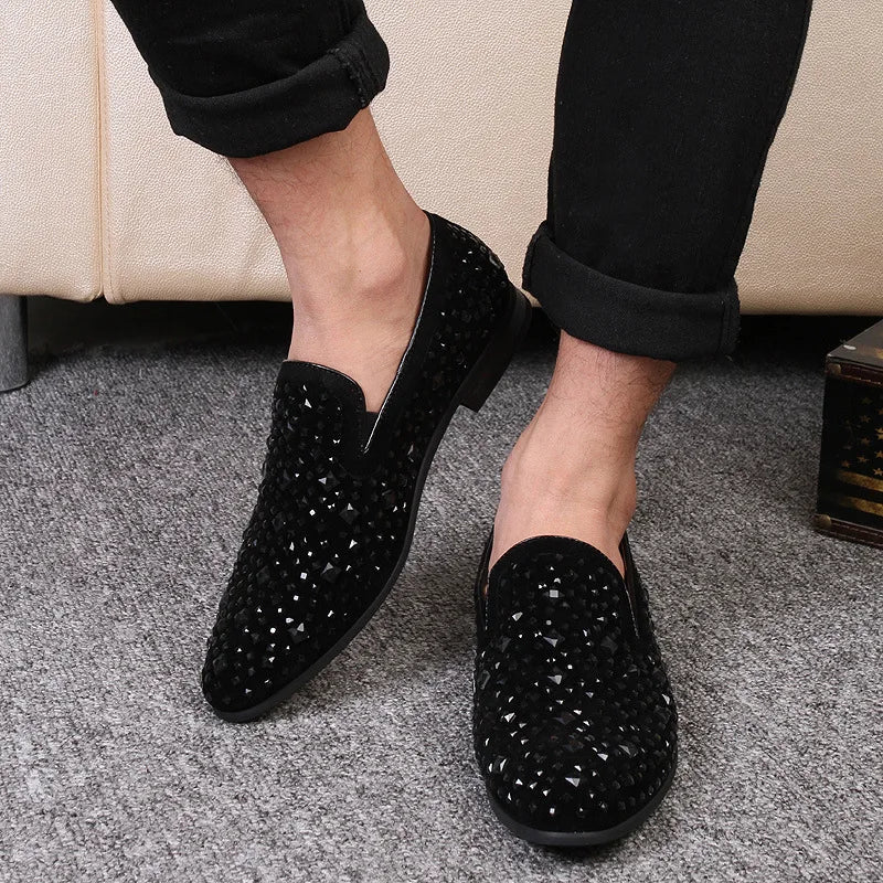 Dress Shoes for Men Luxury Pointed Toe Black Loafers Denim Metal Sequins Shoes