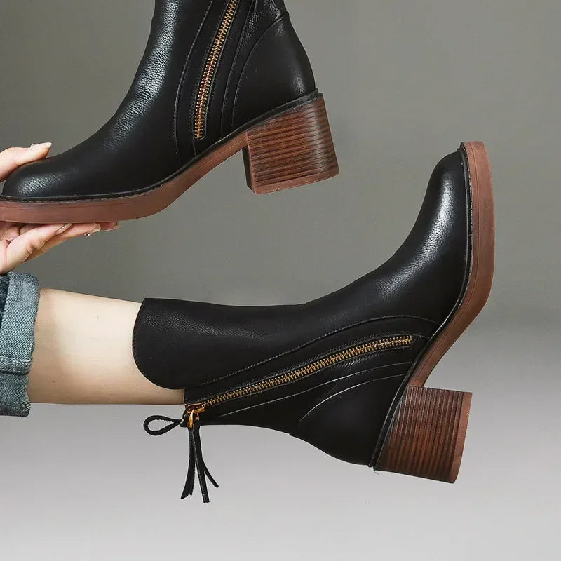 Women's Platform Chelsea Boots Round Toe Chunky Heel Women Brown Ankle Boots