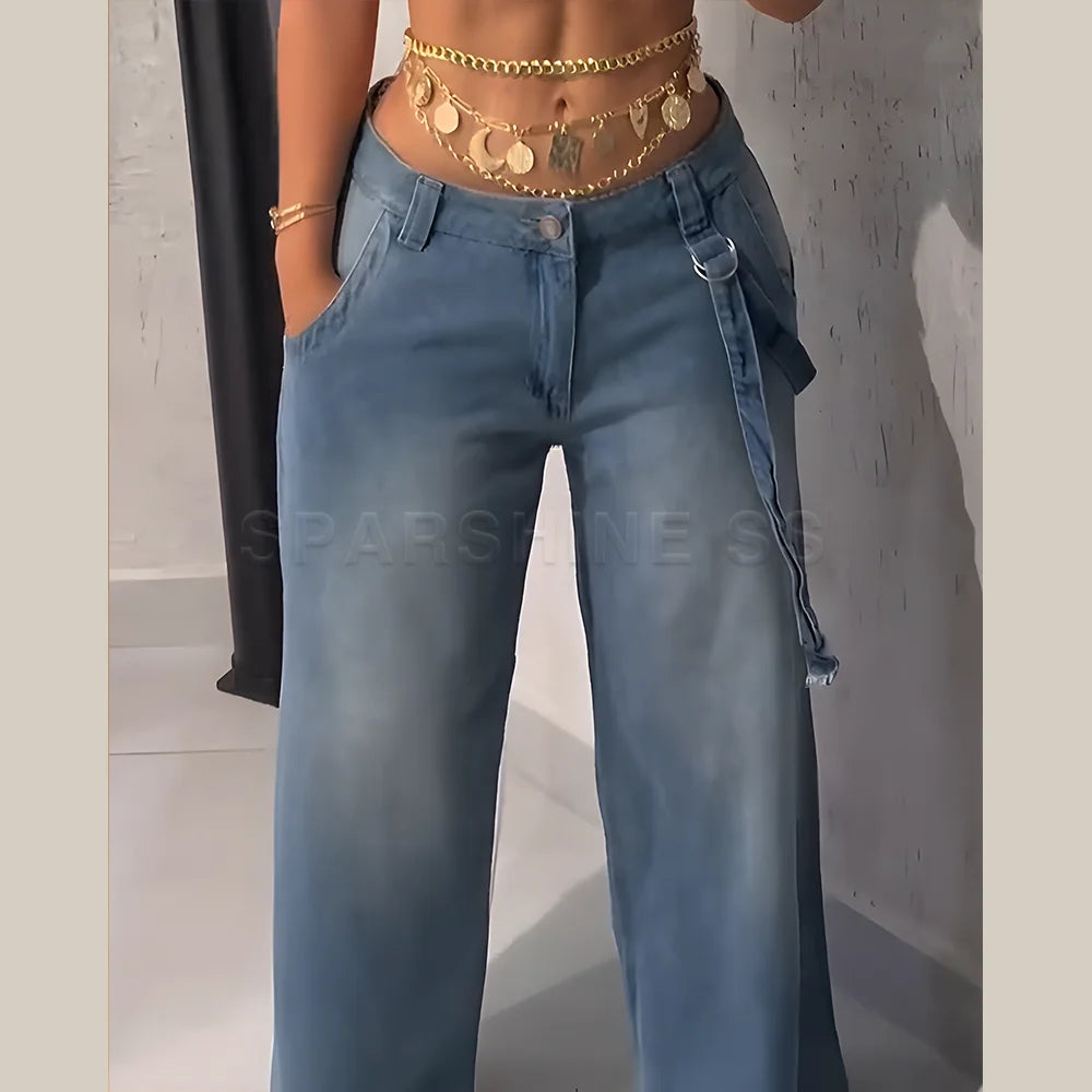 Jeans for Women Straight Pants Vintage Denims Washed Mid Waist Loose Fit Wide Leg Denim