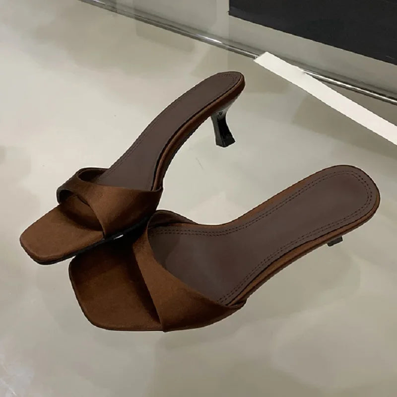Summer Fashion Open Toe Women Slipper Thin Low Heel Silk Dress Ladies Slides