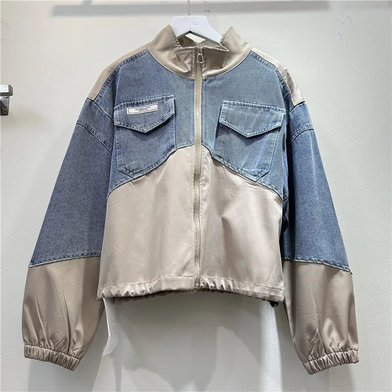 Denim Coats Stand Collar Jackets Zipper Full Sleeve