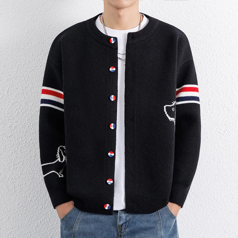 Knitted Cardigan Jacket for Men Wide Pine Stand Collar Sweater