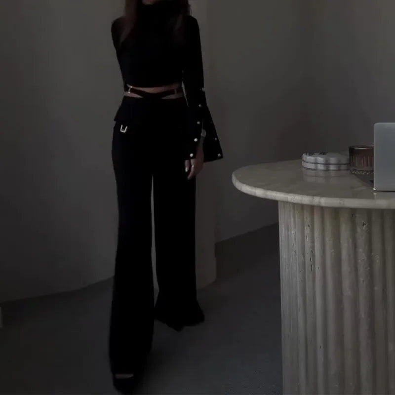 Two Piece Sets Turtleneck Full Sleeve Sexy Wide Leg Matching Sets