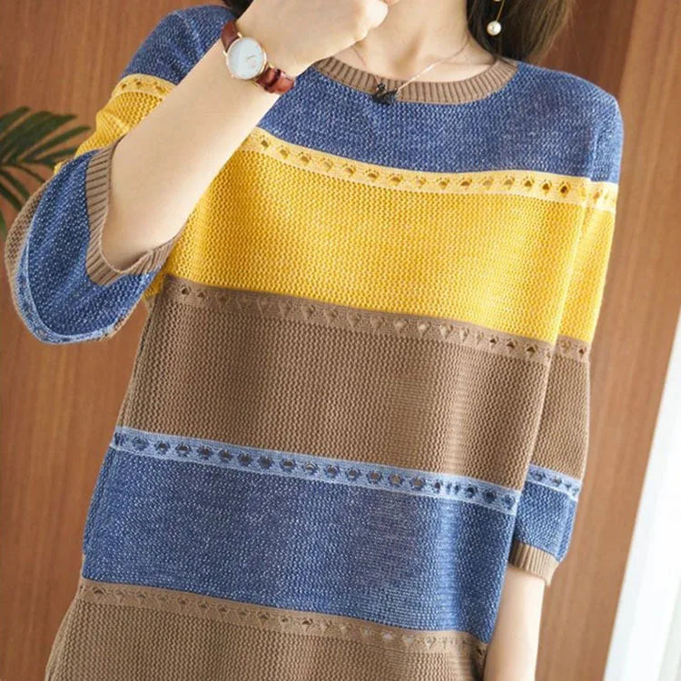 Women's Round Neck Striped Pullovers Long Sleeve Sweaters