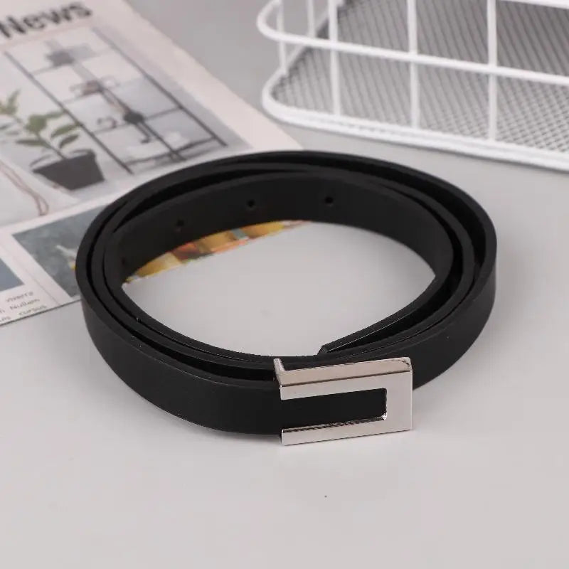 Women Thin Belt Black Gold Silver Metal Buckle Belt