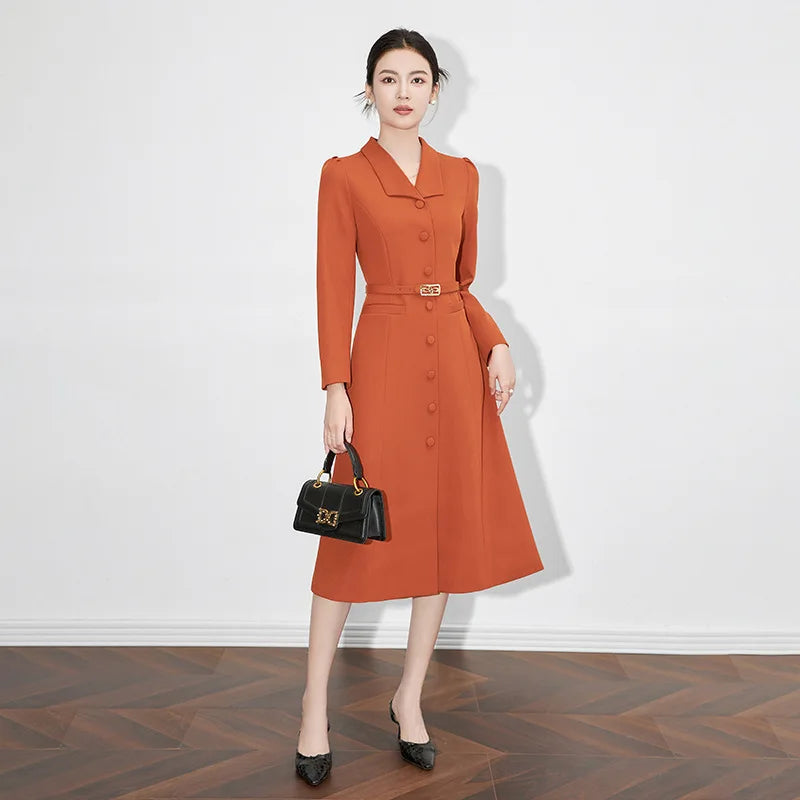 Women's Turn-down Collar Sleeves Single Breasted Sashes Dress