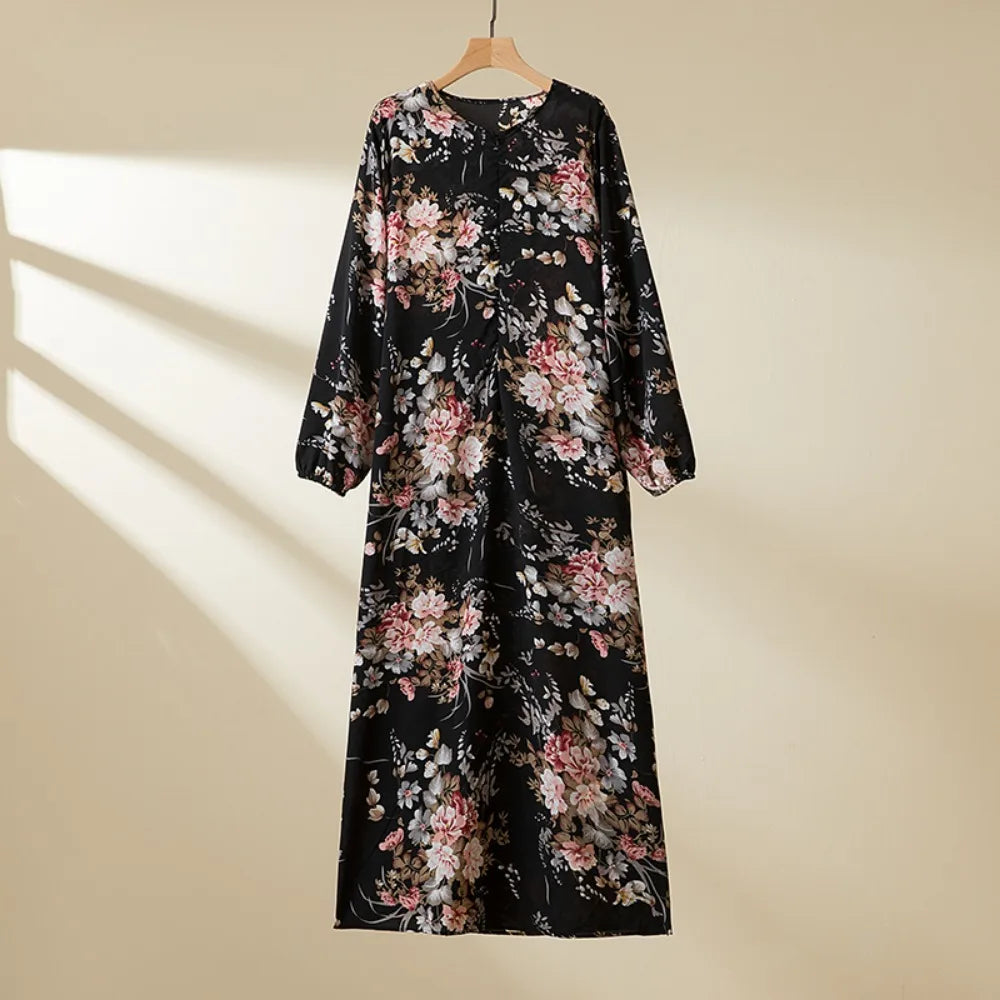 Modest Dress Muslim Ramadan Full Sleeve Printed Floral Casual Robe