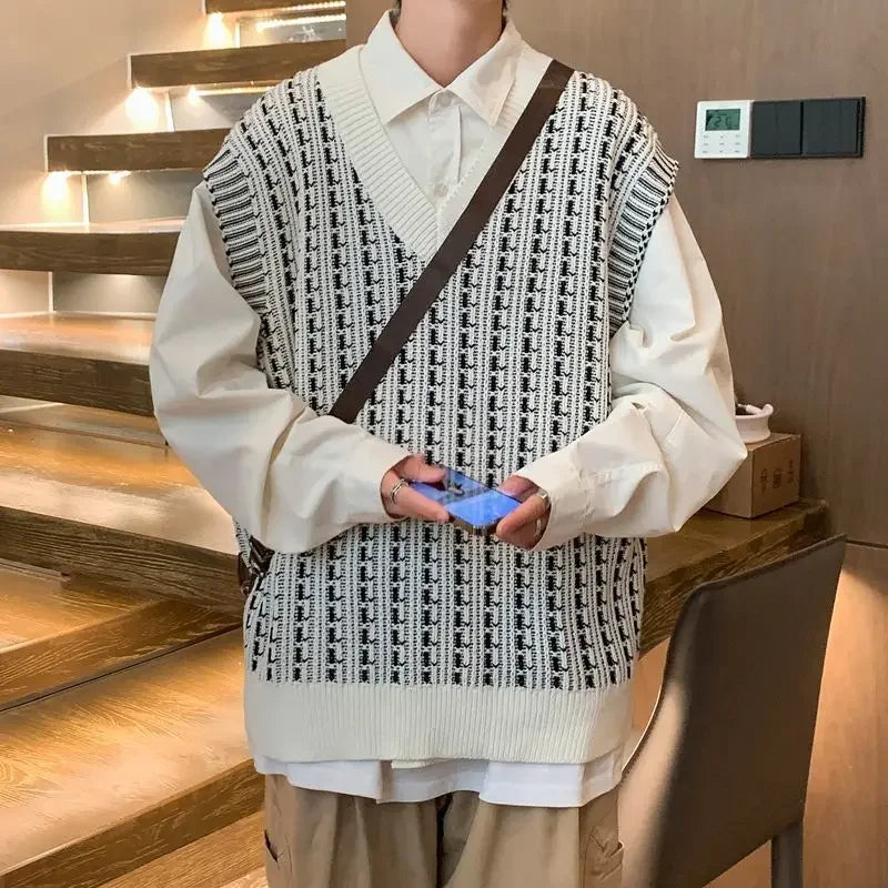 Knitwear Sweater Male Knitted Vest Y2k Streetwear Style