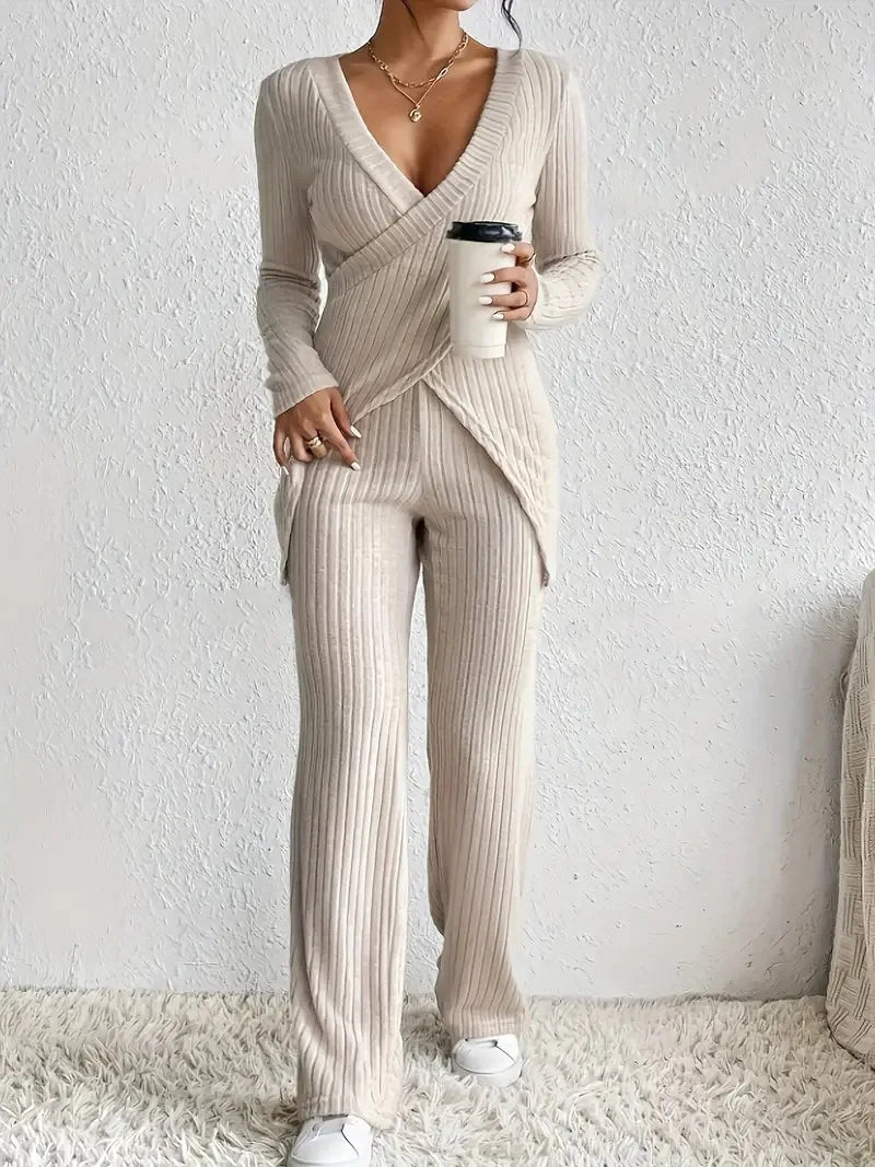 Women's Casual Solid Long Sleeve V Neck Slim Tops+High Waist Pants 2 Pieces Set