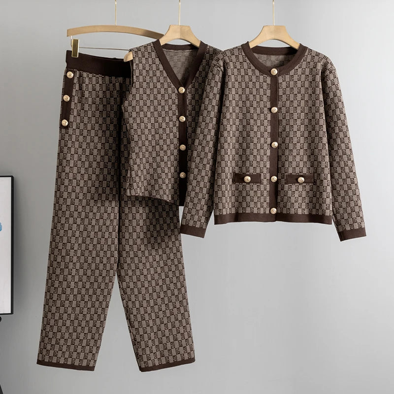 Knited 3 Piece Sets Elegant Women Long Sleeve Sweater Coat