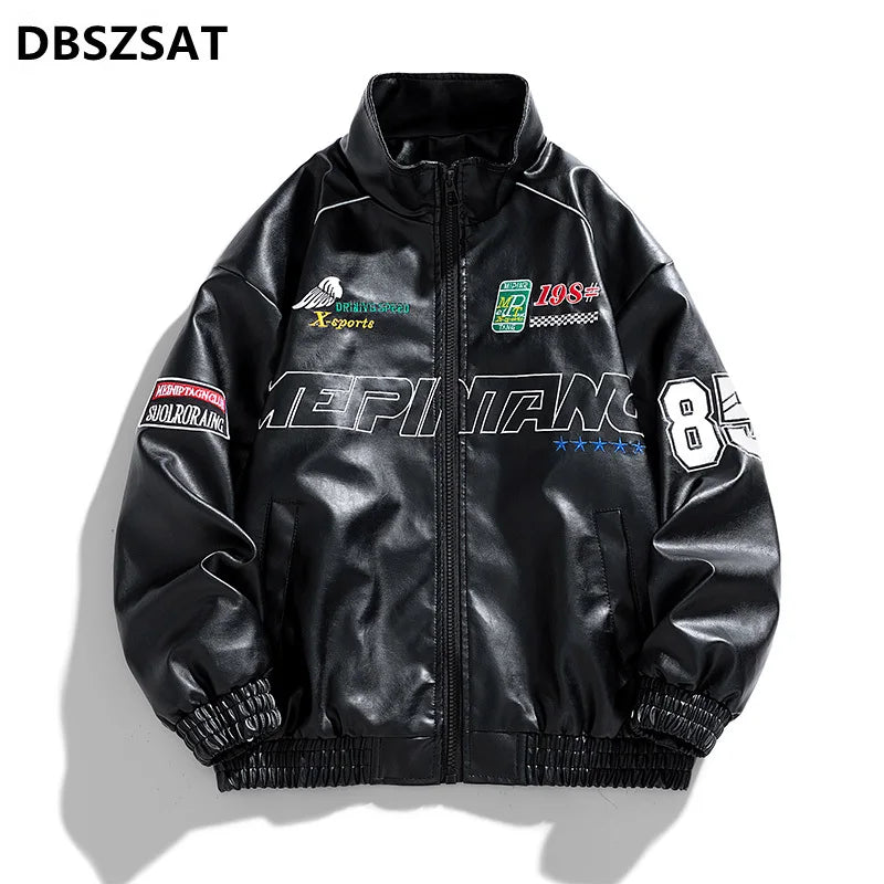Leather Jacket Motorcycle PU Mens Stand Collar Casual Windbreaker