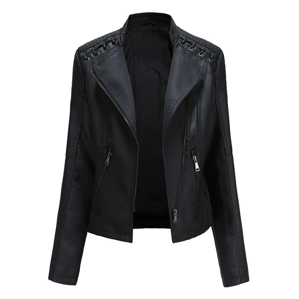 PU Leather Motorcycle Jacket Women Chaqueta Motorbike Riding Jacket