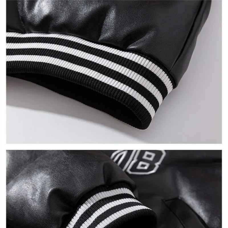 Winter PU Leather Baseball Jacket Men and Women Patchwork Letter Embroidery