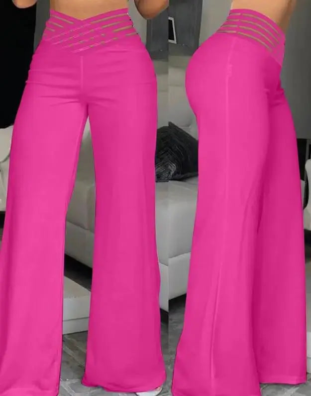 Wide Leg Flared Pants Crisscross Sheer Mesh Pants