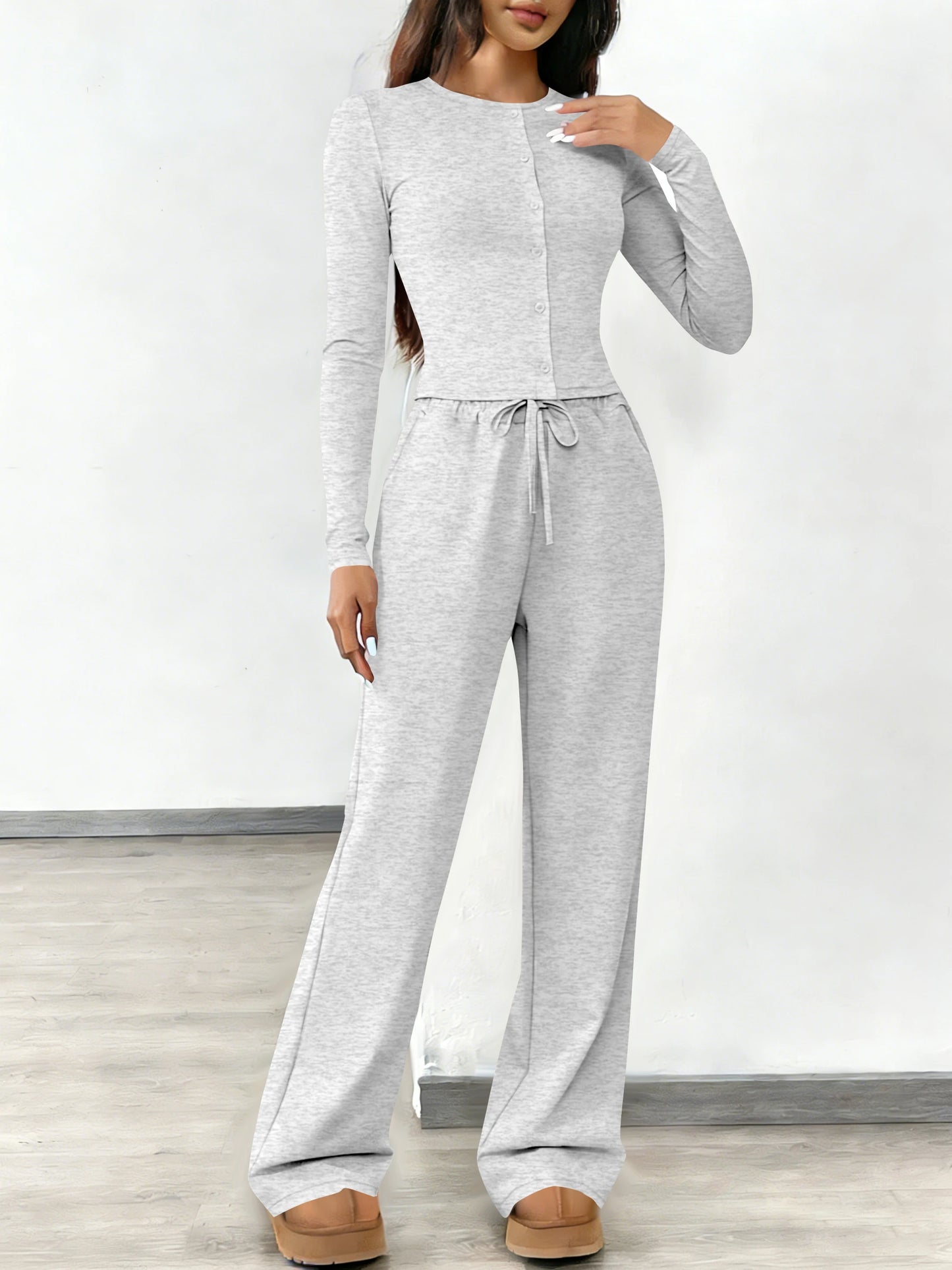 Women's fashionable two-piece set: round neck button-down long-sleeved top
