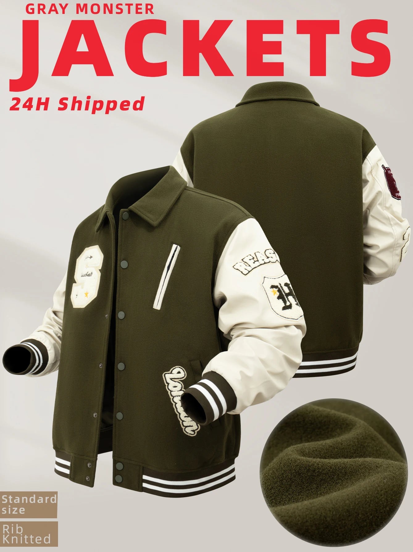 Men's Varsity Jacket Faux Leather Sleeve Vintage Motorcycle Coat Bomber