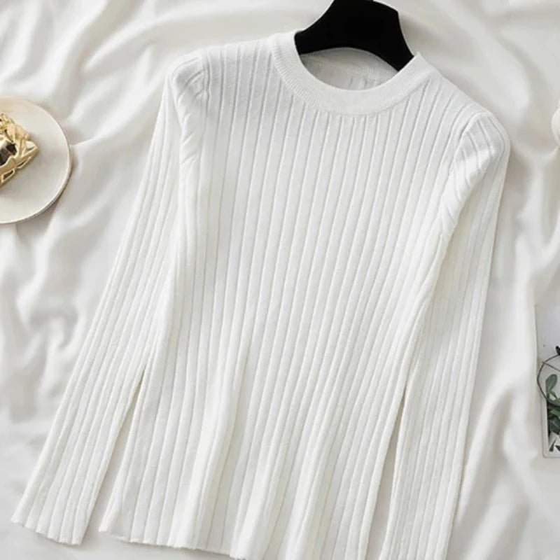 Women Sweater O-neck Long-sleeved Solid Knitwear Bottoming Shirt