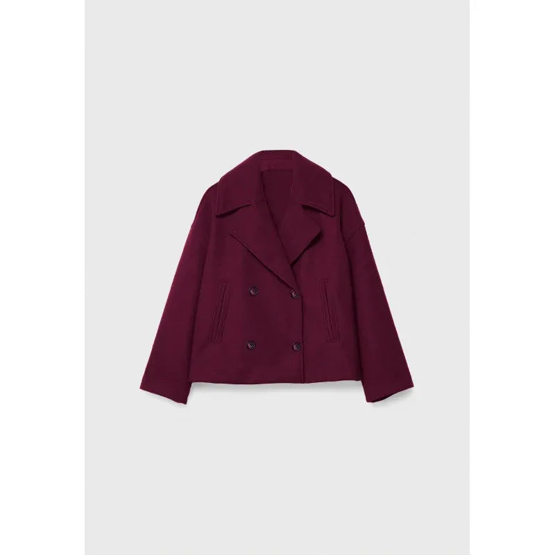 Women Wool Coats Elegant Short Coat Double Breasted Long Sleeve Jackets