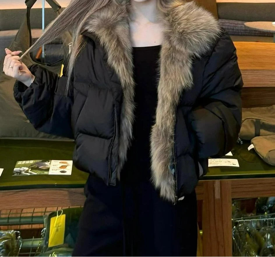 Short Puffer Jacket with Large Fur Collar for Women