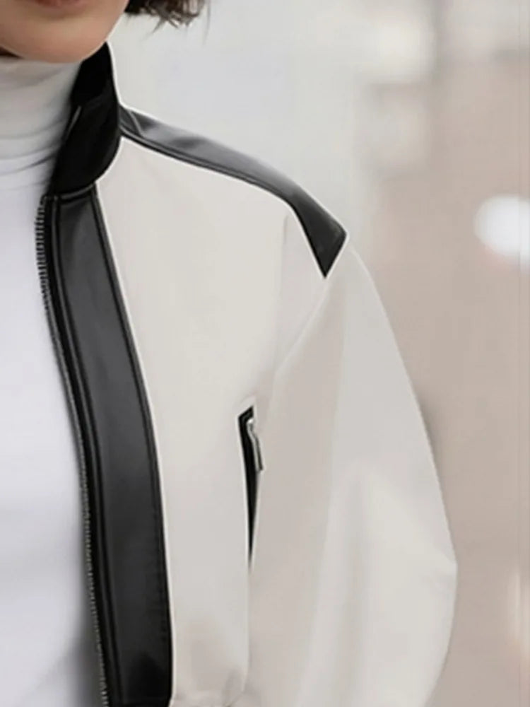 Leather Zipper Jackets Women Puff Sleeves Stand Collar Casual Outerwears