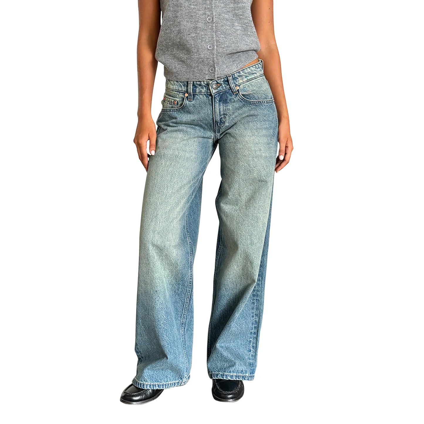 Women's versatile jeans, aesthetic solid color low rise