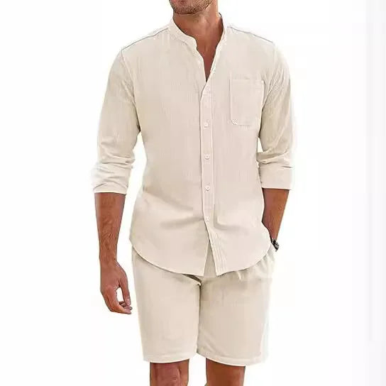 Summer Men's Casual Sets Breathable Cotton Linen Vintage Stand