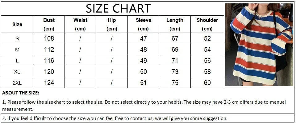 Woman Sweatshirt Long Sleeves Tee Loose Couple Graphic stripe T-shirt