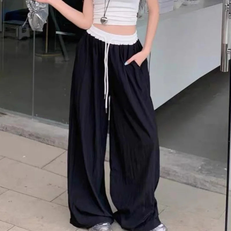 Chic Matching Loose Women's Wide Leg Pants Elastic Waist Drawstring