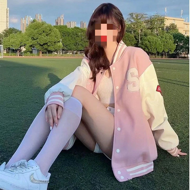 Women's Vintage Preppy-Style Fleece-Lined Pink Baseball Jacket