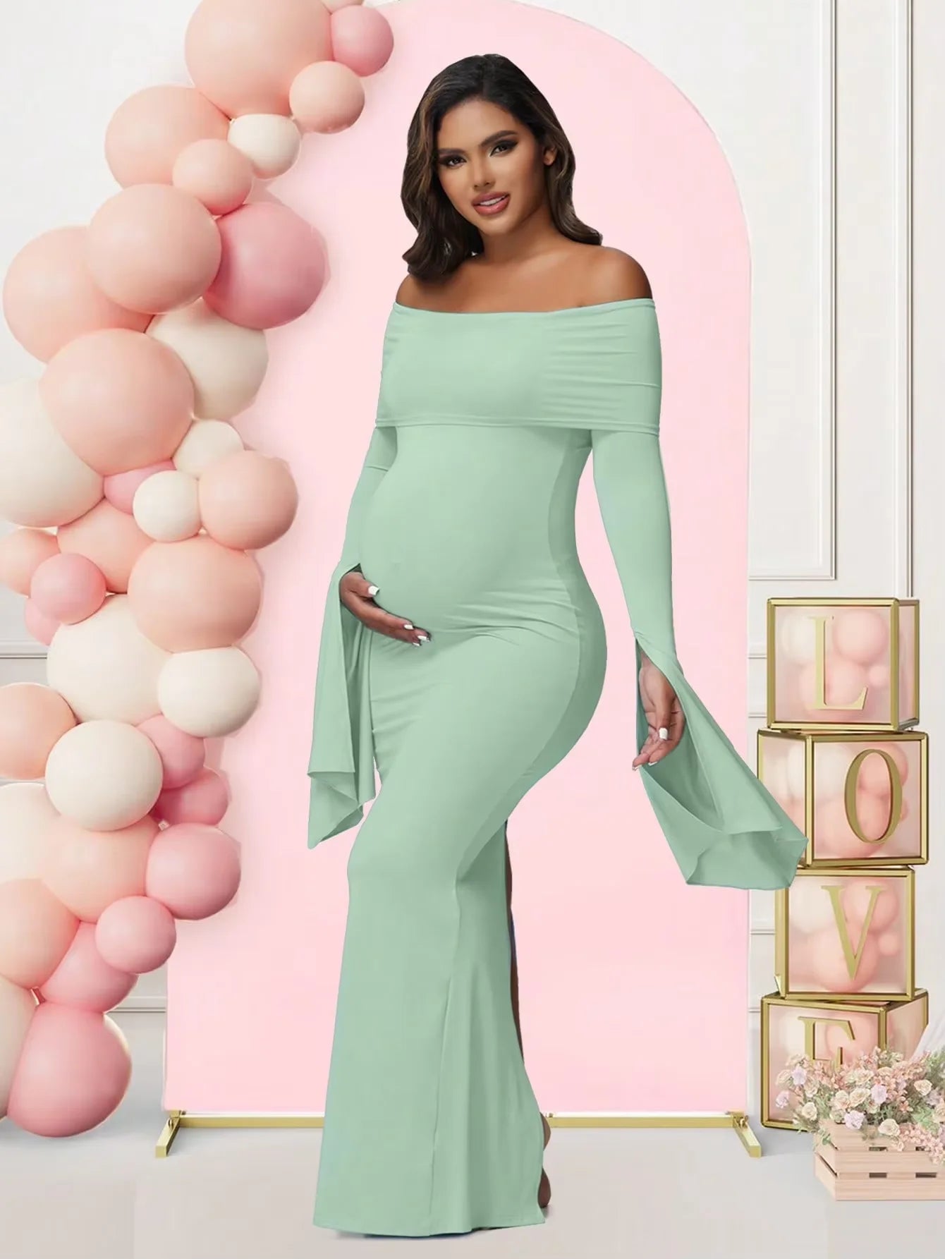 Women Maternity Off Shoulder Long Sleeve Bodycon Pregnancy Gown