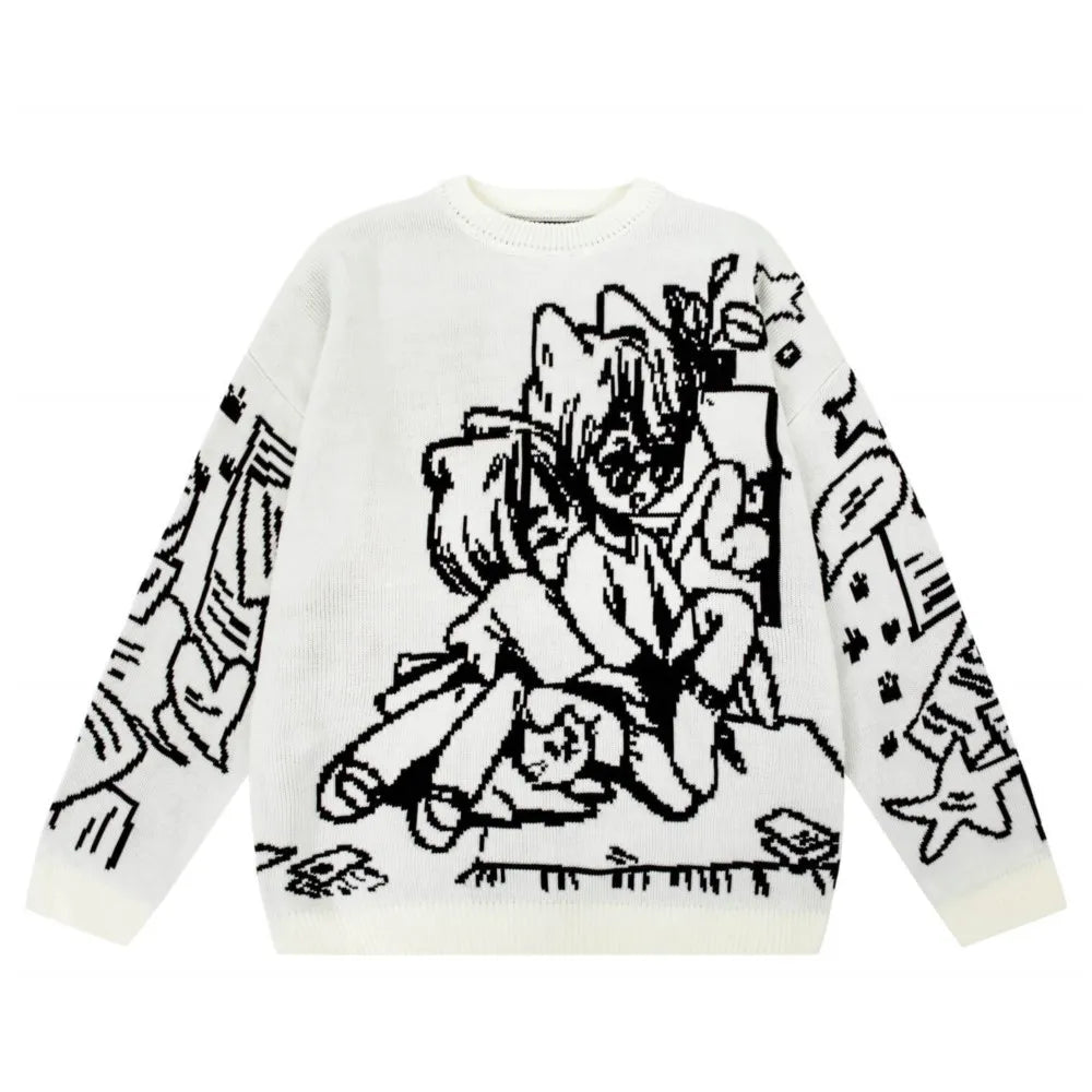 Vintage Cartoon Knitted Sweaters Men Casual Oversized Fashion Streetwear Tops