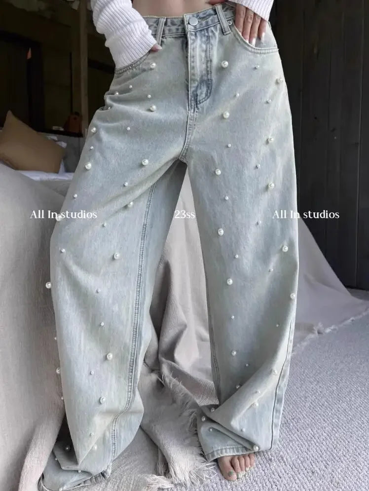 Jeans for Women Heavy Industry Beads Retro Washed High Waisted Jeans