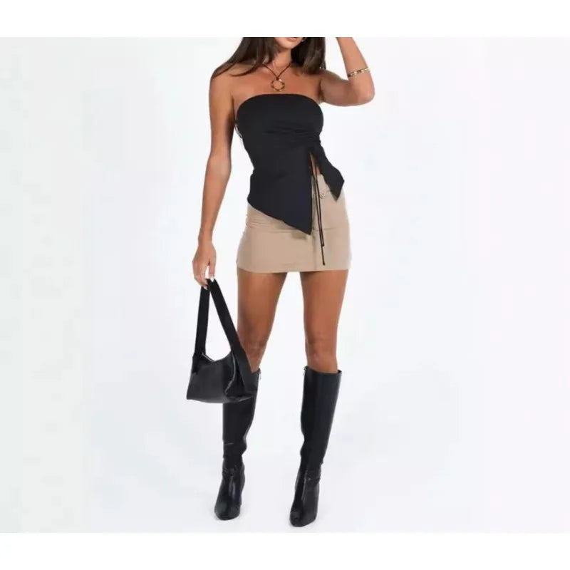 Women Tanks Solid Off Shoulder Asymmetric Drawstring Slit