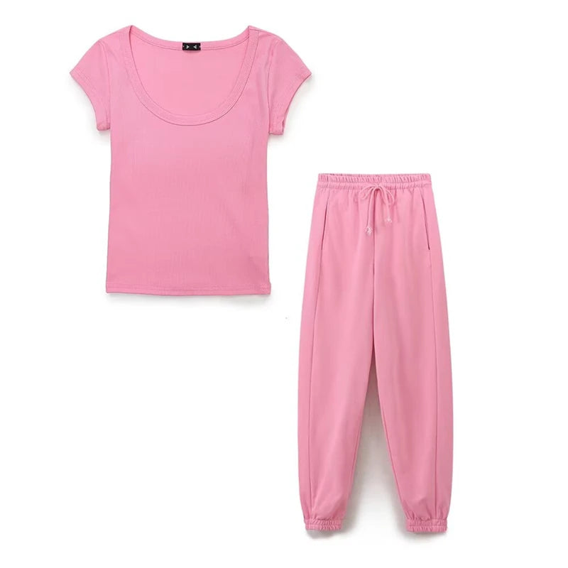 Women's Cotton Crew Neck Ribbed Slim T-Shirt Jogger Pants Set t