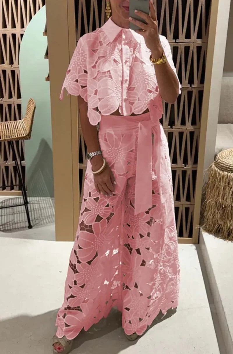 Elegant Women's Sets Sexy Lace Hollow Shirt Short Top + Wide-leg Pants