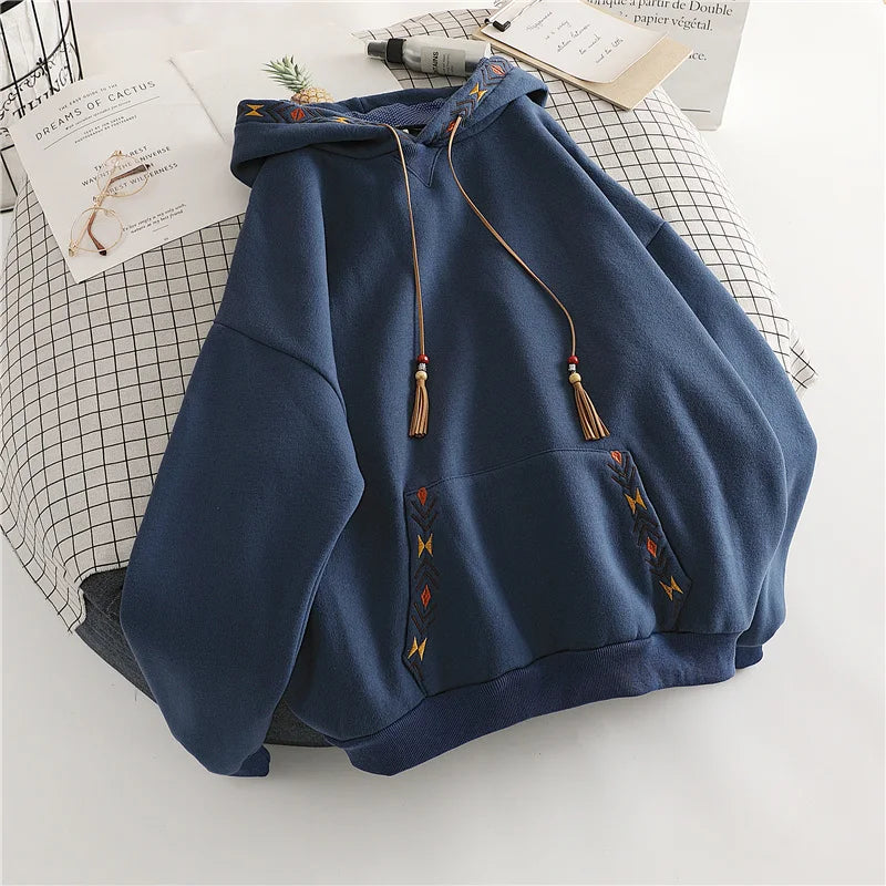 Women's Hoodie Drawstring Tassel Exquisite Embroidery Large Pocket Thick Pullover