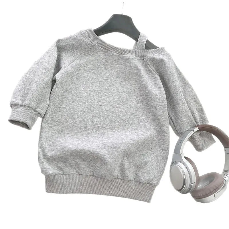 Girls Sweatshirt Casual Off Shoulder Gray Solid Color Long Sleeve Top