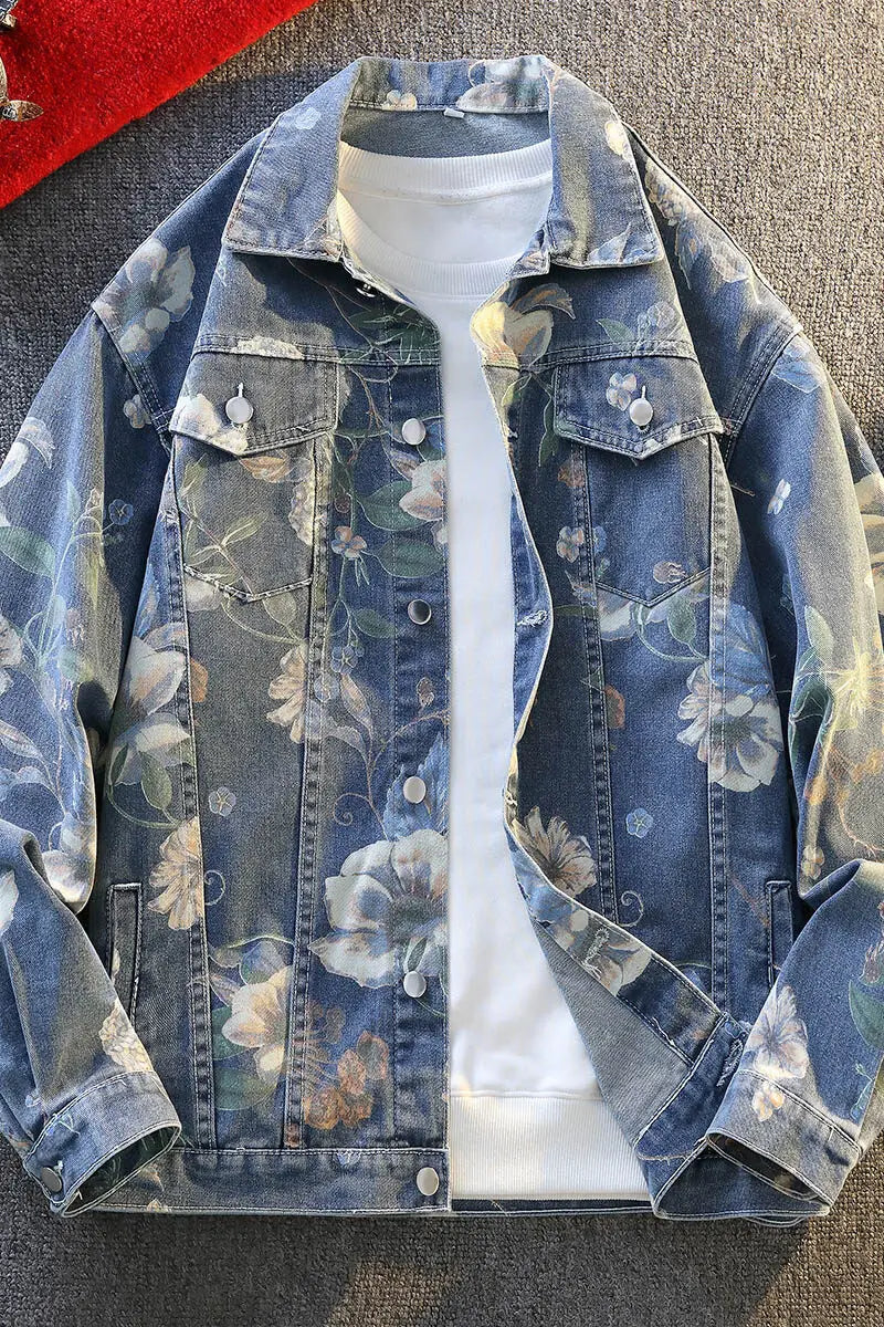 Mens Causal Oversized Cotton Casual Blue Denim print Jacket