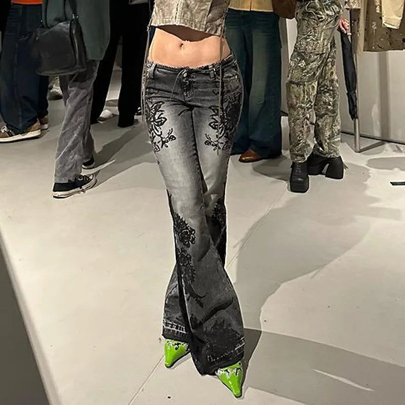 Women's Jeans New American Retro Street Style Plant Print Washed Vintage Low-Rise Flare Pants