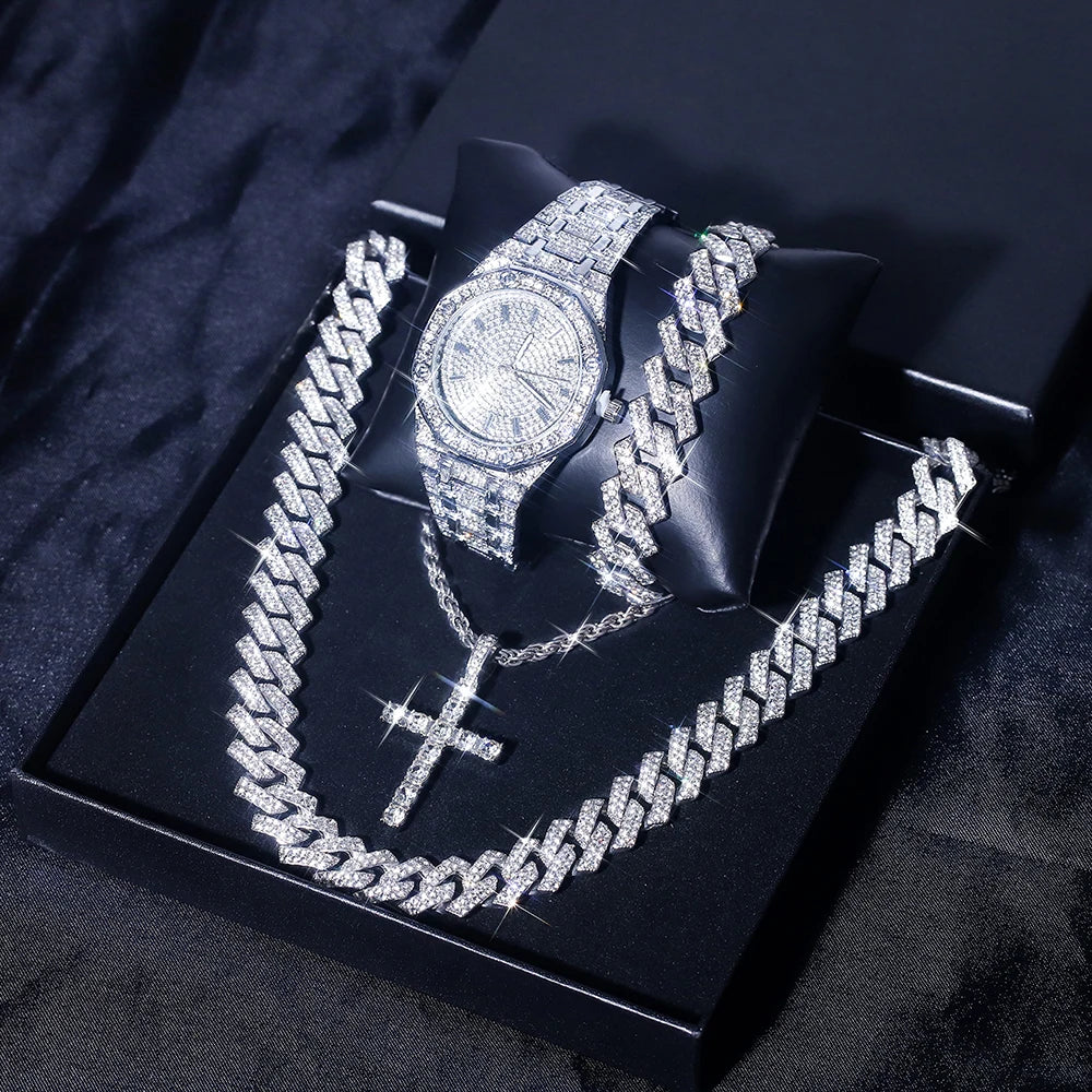 5Pcs Silver HipHop Watch Set Ice Flash Men Women