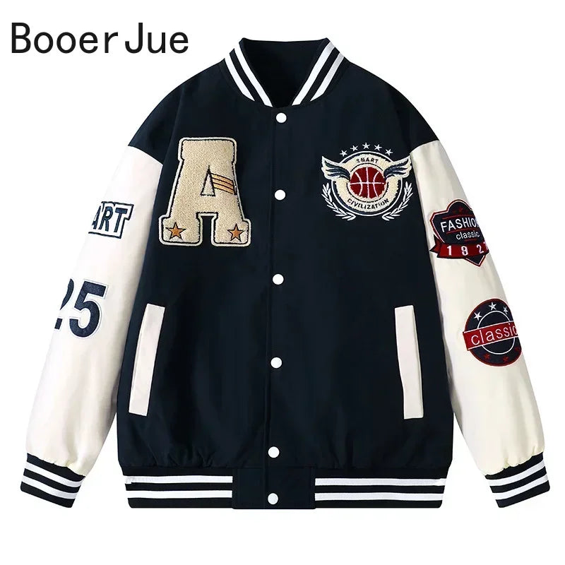 Varsity Baseball Bomber Jacket Men bone work Leather Jackets